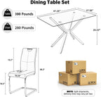 yeag Modern Rectangular Glass Dining Table Set for 4, 47" Clear Tempered Glass Kitchen Table with Gold Metal Legs & 4 White PU Faux Leather Upholstered Dining Chairs for Home, Dining Room, Office