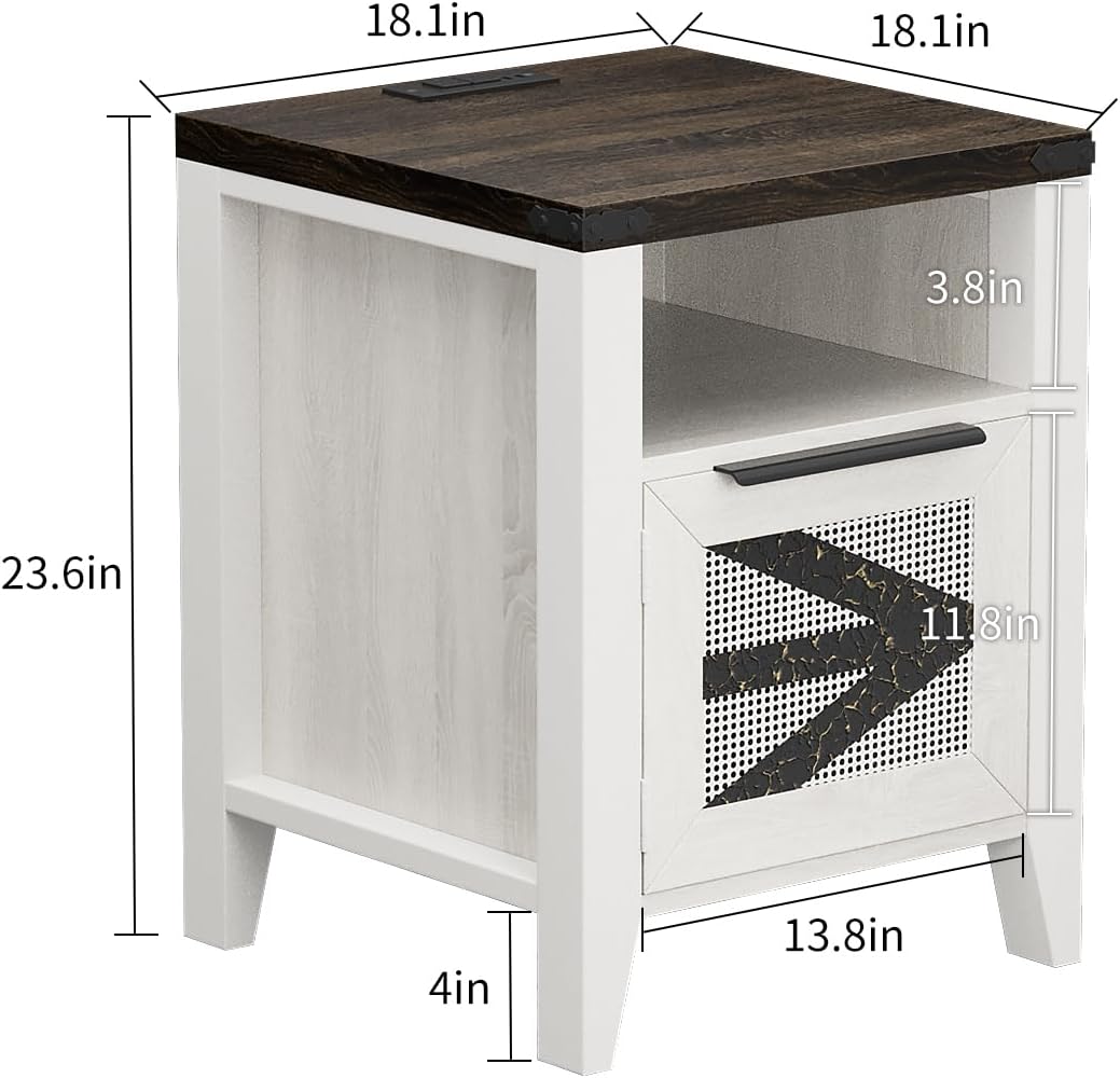 VFK Farmhouse End Table with Charging Station, 18.1" Narrow Side Table for Living Room, Sofa End Table with Storage Cabinet & Open Shelf, Nightstand with 2 USB Ports and 2 AC Outlets