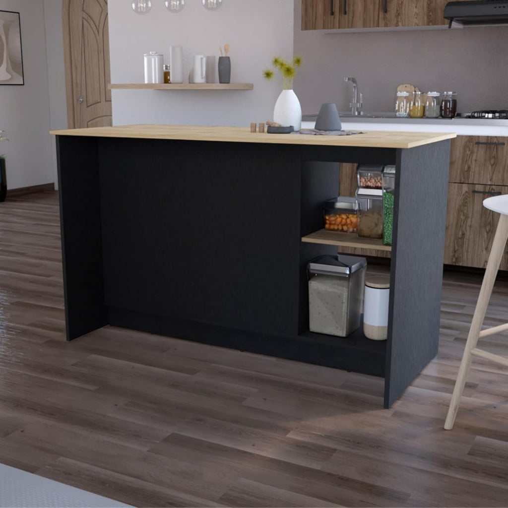 Hassyee Fashionable and Minimalist Style Fixed Kitchen Island, Equipped with Spacious Countertops, Two Open Storage Shelves, Double Door Design, Suitable for Kitchen Use (Black+Natural)