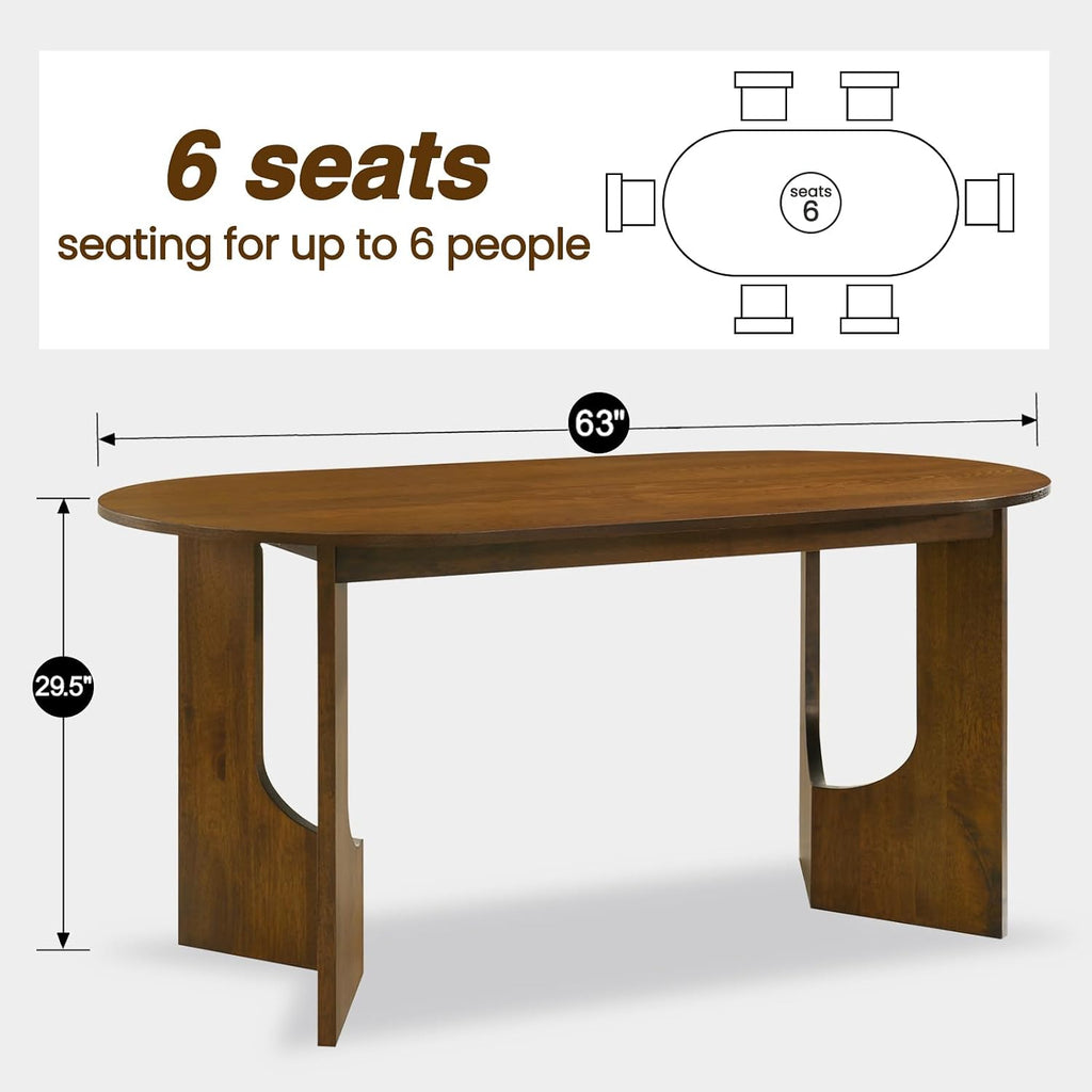 VESCASA 63" L Walnut Wood Oval Dining Table for 6, Solid Wood Kitchen Table with Wooden Legs for Dining Room, Restaurant