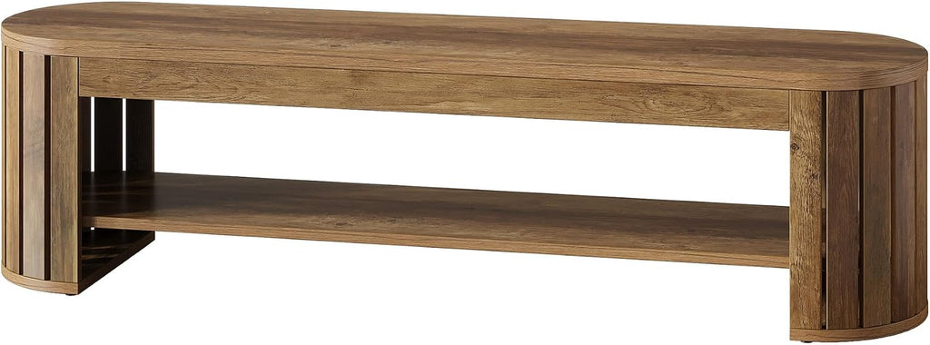 Tribesigns 63" Wooden Entryway Bench with Shoe Storage, Long 2-Tier Narrow Shoe Bench with Arc Vertical Slat Splicing Legs, End of Bed Stool for Bedroom, Entrance, Living Room (Brown)