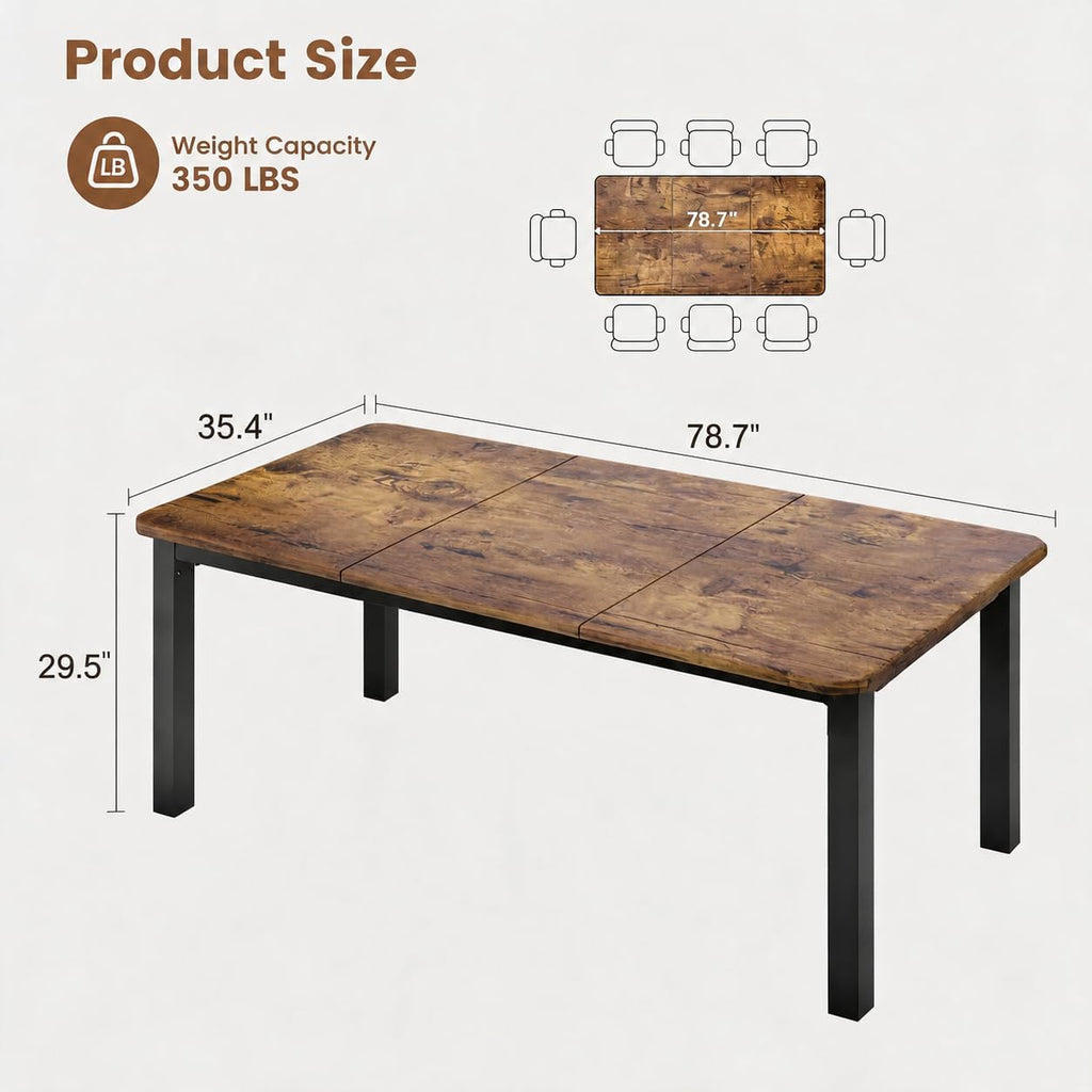 Garvee 78.7″ Dining Table for 8-10 People for Dining Room,Brown(Only Table) | Large Industrial Dinner Kitchen Tables with Sturdy Metal Frame, Multi-Use for Living Room Indoor Restaurant Office Desk