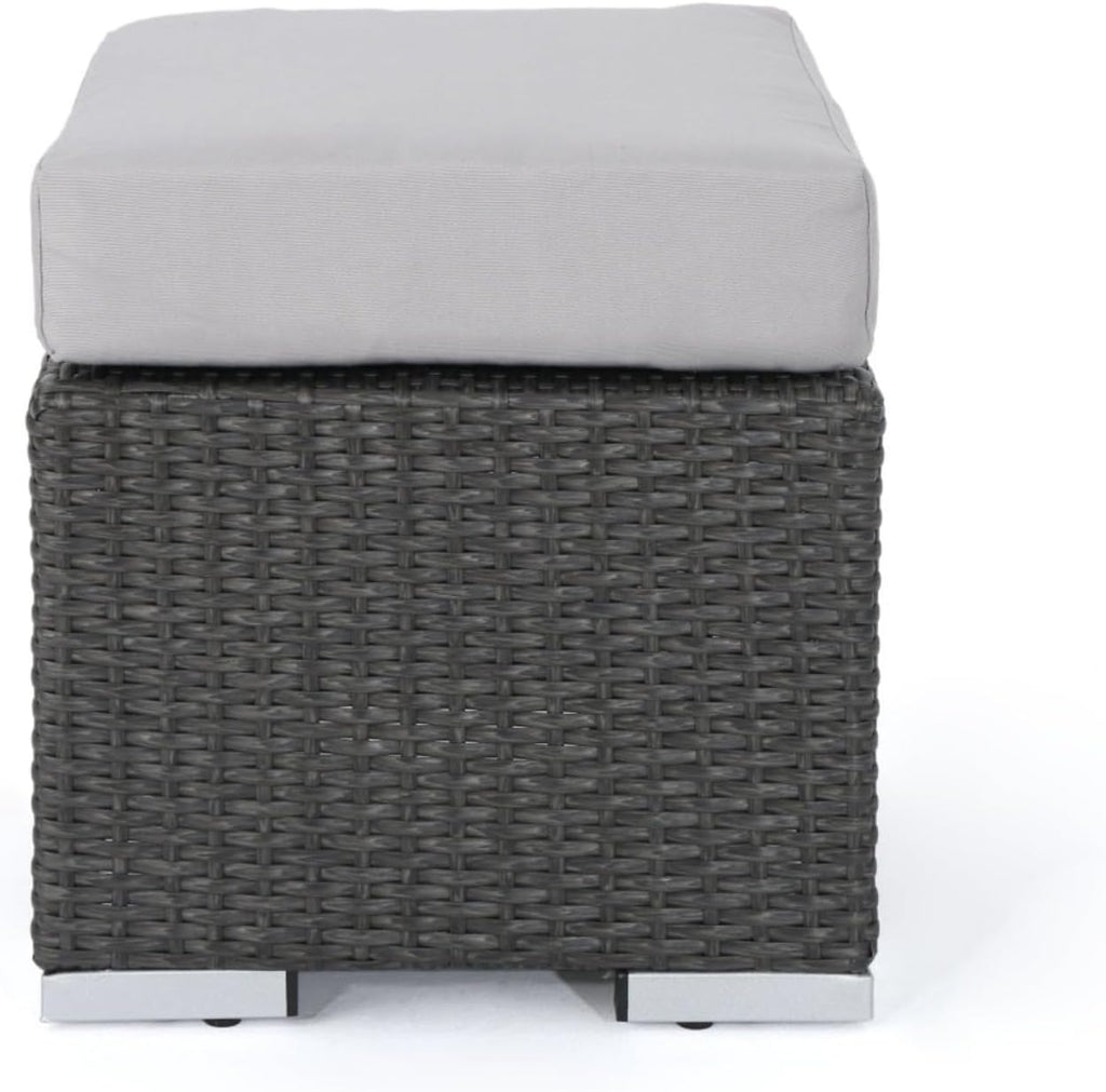 Hassyee PE Rattan Grey Patio Ottoman with Thick Cushions for Poolside, Lawn, Outdoor Square Foot Stool with Iron Frame for Living Room, Garden, Backyard, Classic Footrest