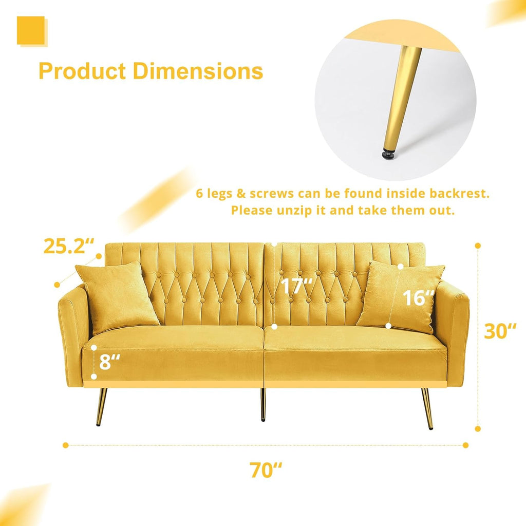 70” Velvet Futon Sofa Bed w/Adjustable Armrests & 2 Pillows, Convertible Futon Couch w/Adjustable Backrests, Modern Sleeper Bed for Living Room, Bedroom, Yellow