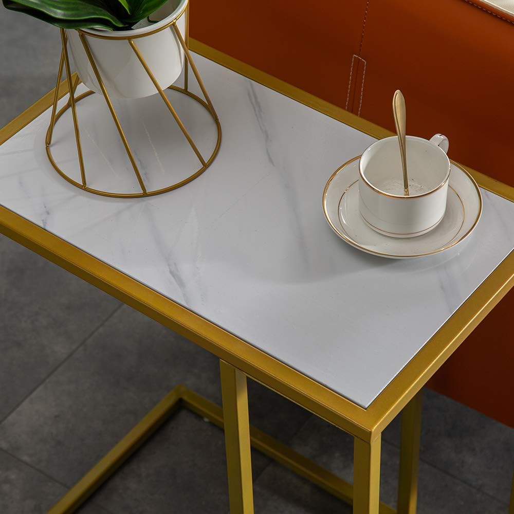 Marble Simple C-Side Table, C-Shaped Side Table for Couch - Small Coffee Stand Sofa Tray Desk with Metal Frame, Modern End Accent for Living Room, Bedroom, Small Spaces,Golden