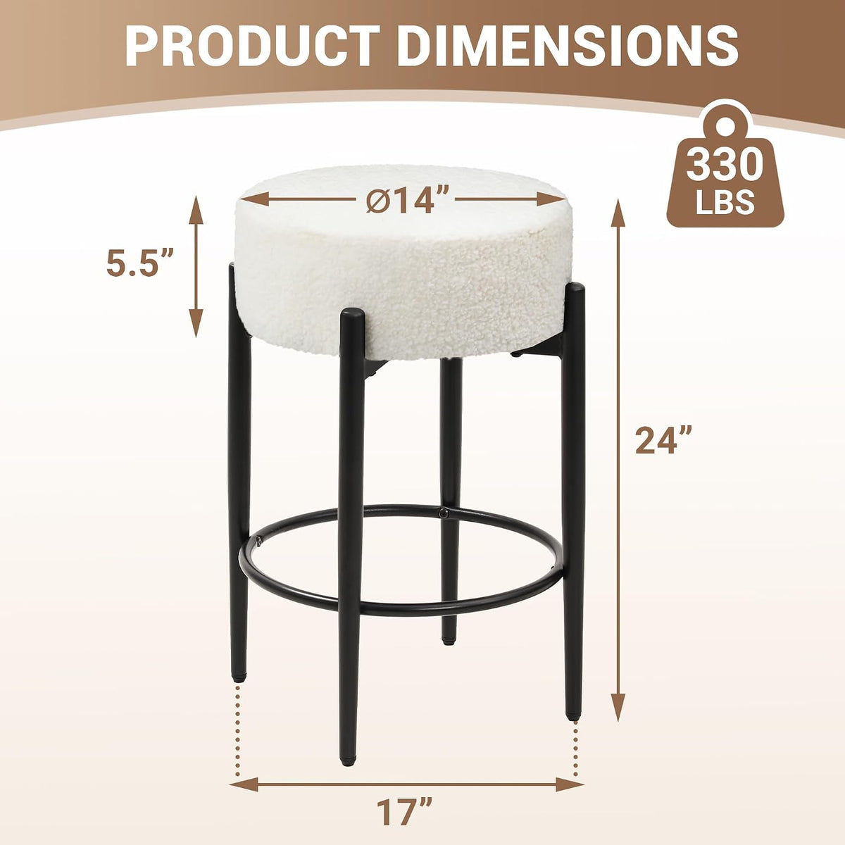 Murago Counter Height Bar Stools, Set of 2, 24" Modern Backless Bar Stools, Ideal for Kitchen Counter, Kitchen Island, Boucle Sherpa Padded Cover, with Round Soft Seat and Foot Rest, White