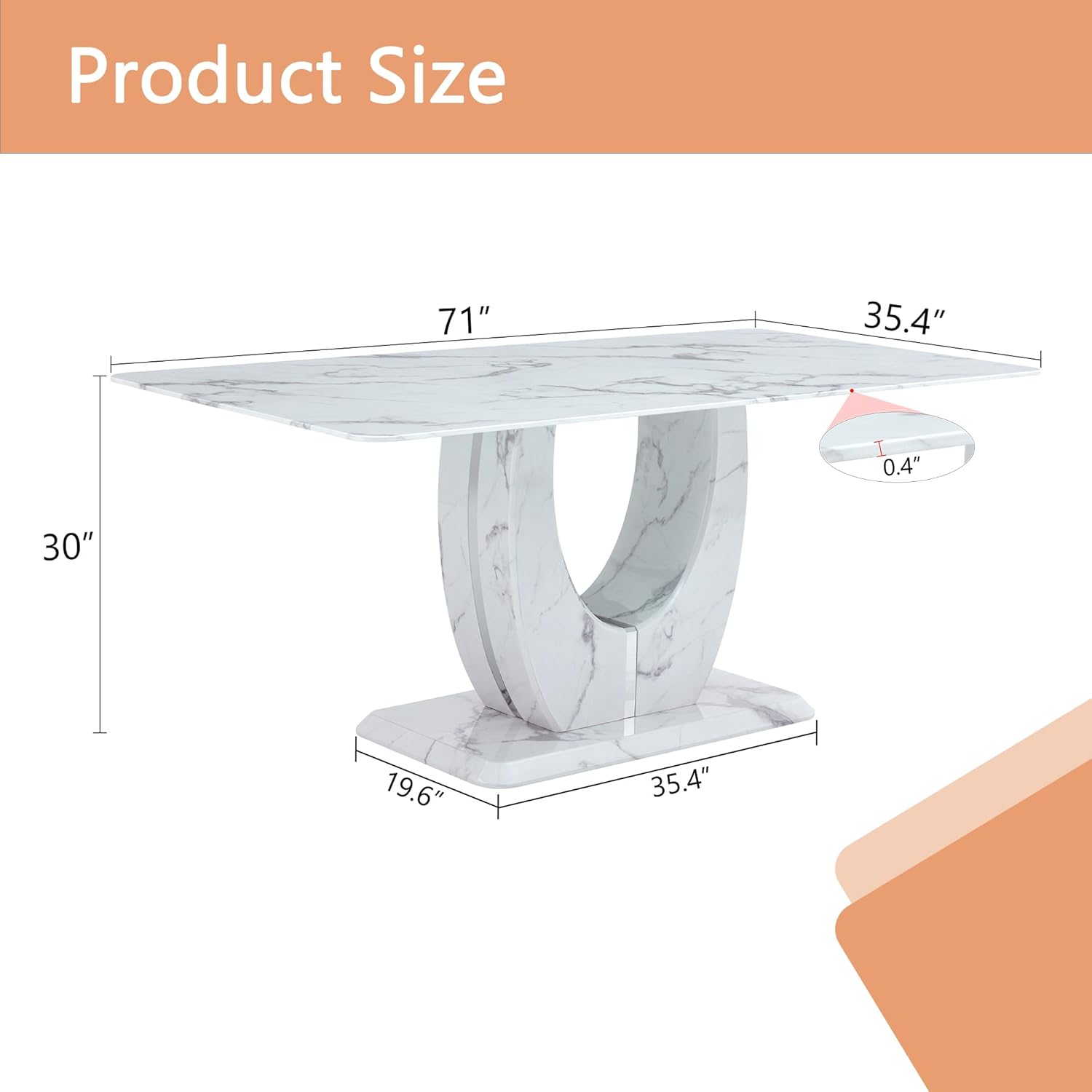 71" Faux Marble Dining Table, Modern Rectangular Kitchen Table with 0.4'' Thick Tabletop, Rounded Corners, Stable Pedestal Base, Easy to Clean for Dining Room (White-MWH, 71 inch)