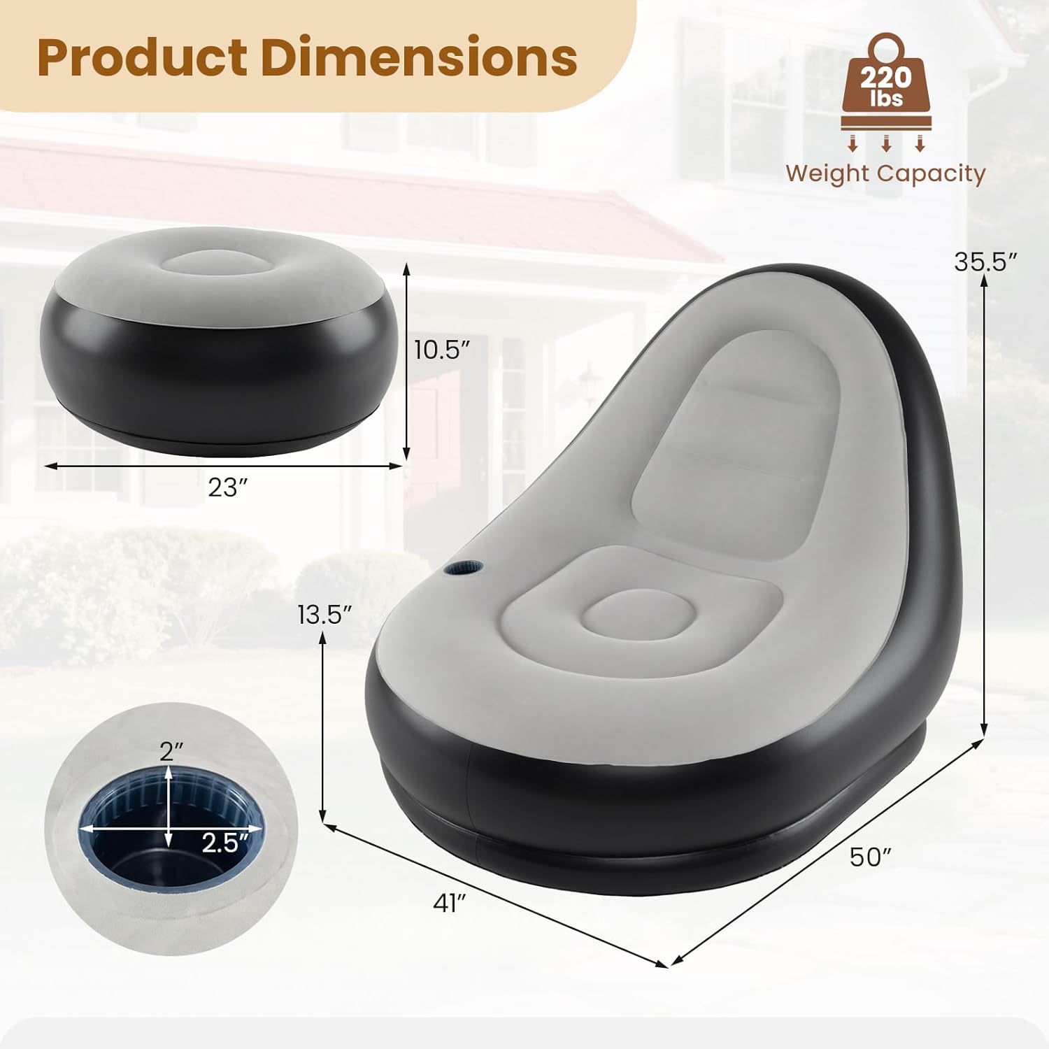 DORTALA Inflatable Chair with Ottoman, Portable Blow Up Single Air Sofa with Footstool, Cup Holder and Repair Patches, Indoor Outdoor Air-Filled Chair for Camping, Gaming