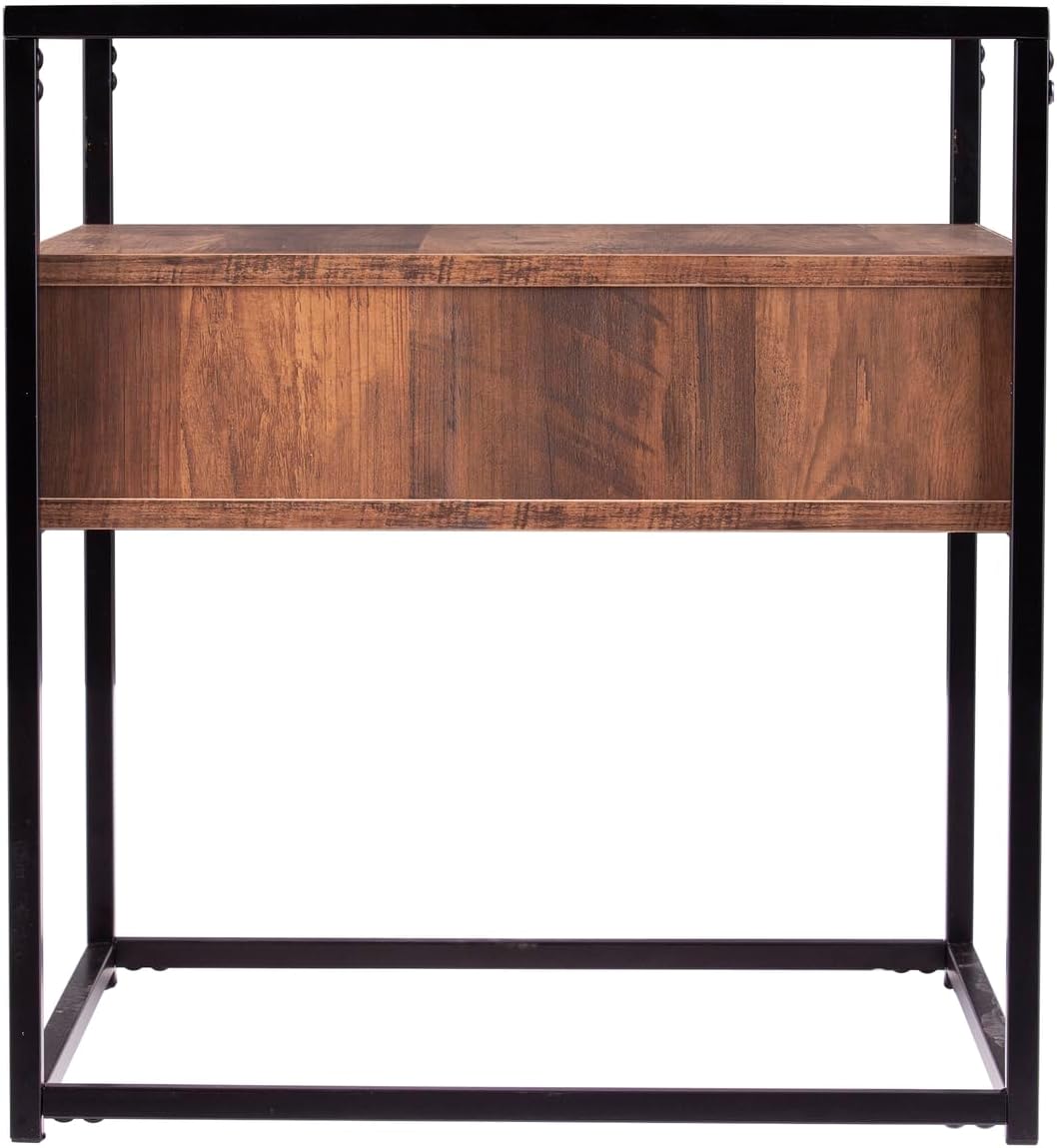 HomeStock Glass Top End Table with Drawer & Shelf - Industrial Accent Table - 20" Square