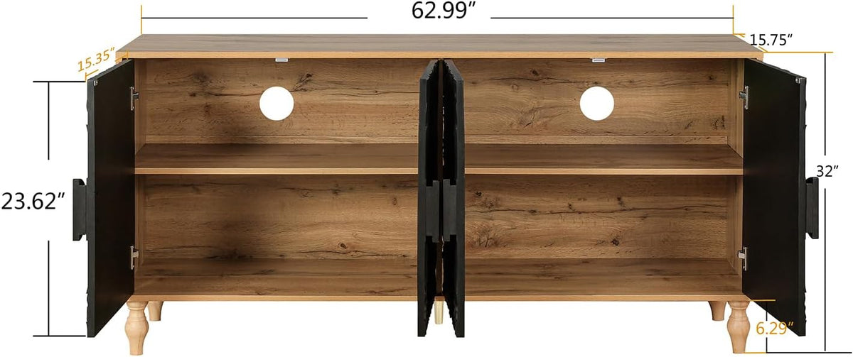 63" Sideboard Buffet Credenzas for Living Room, Black+Natural Entryway Table with Storage Accent Cabinet, Carved Flowers Doors & Wire Holes