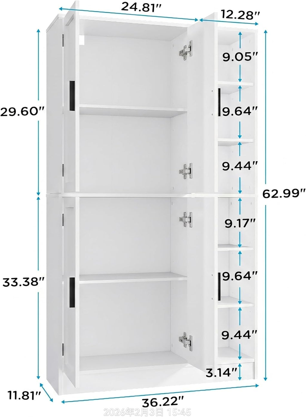 holzart 63" Tall Kitchen Pantry Cabinet, Freestanding Dining Room Storage Hutch with 4 Doors and Adjustable Shelves, Modern Utility Cupboard for Coffee Bar and Microwave, White