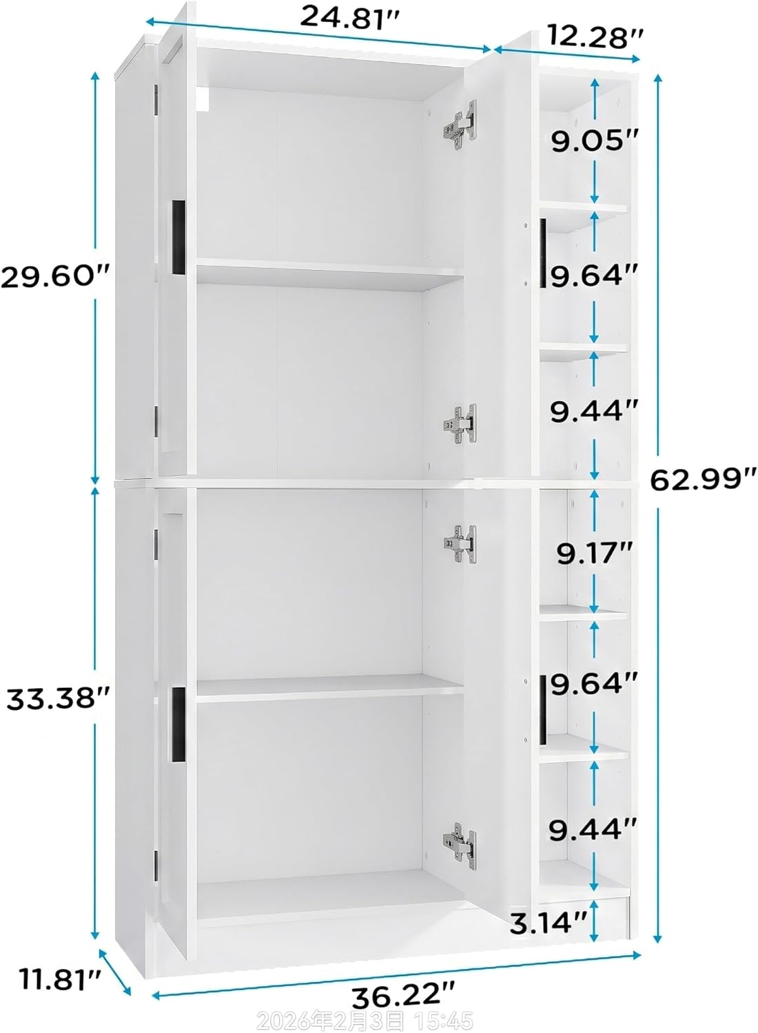 holzart 63" Tall Kitchen Pantry Cabinet, Freestanding Dining Room Storage Hutch with 4 Doors and Adjustable Shelves, Modern Utility Cupboard for Coffee Bar and Microwave, White