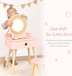 OOOK Toddler Vanity Set with 11pcs Accessories, Kids Vanity Table Chair Set | FSC Safety, Pink Pretend Makeup Toy with Straw Weaving Decor, Suitable for Girls Aged 3+