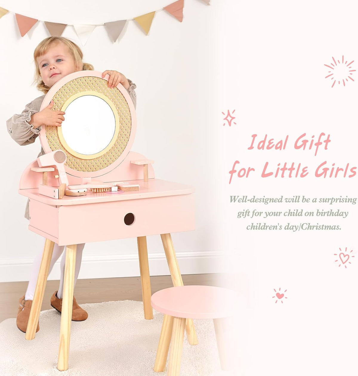 OOOK Toddler Vanity Set with 11pcs Accessories, Kids Vanity Table Chair Set | FSC Safety, Pink Pretend Makeup Toy with Straw Weaving Decor, Suitable for Girls Aged 3+