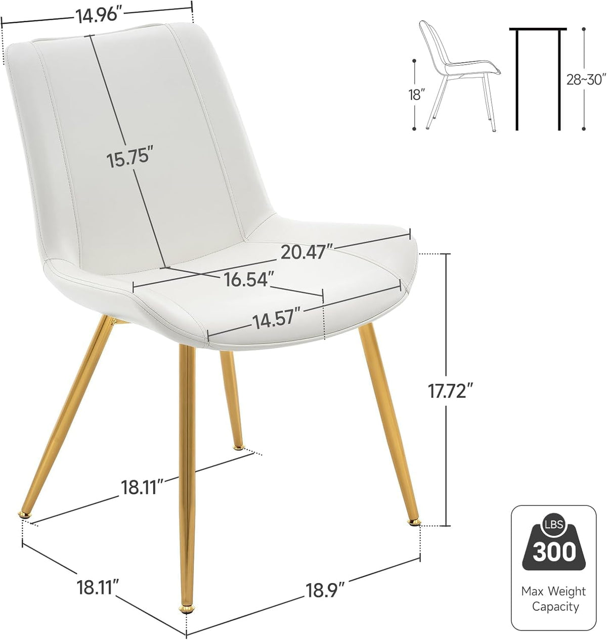Dining Chairs Set of 2 PU Leather Armless Pearl White, Gold Legs | Fits Dining Rooms, Kitchens, Waiting room, Living rooms, Offices & Cafes, Easy to Clean Easy to assemble Adjustable Foot Pads
