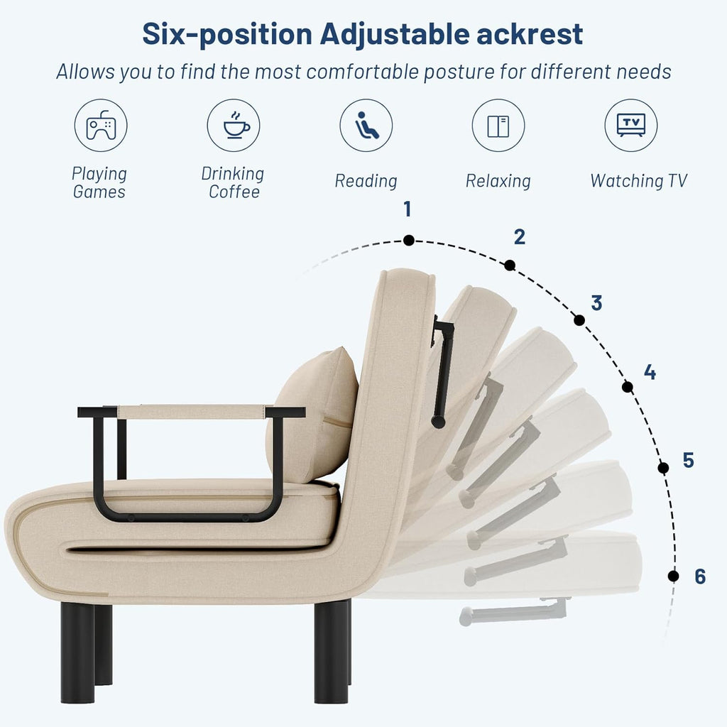 Furniliving 4 in 1 Folding Sofa Bed Chair, Convertible Sleeper Chair Bed with 6-Position Adjustable Backrest, Upholstered Chaise Lounge with Pillow, Accent Chairs for Bedroom, Linen, Beige
