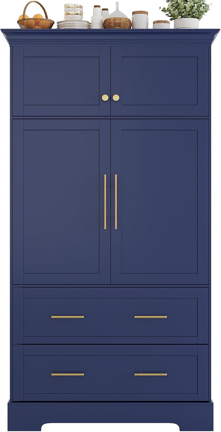 72.6" Farmhouse Kitchen Pantry Cabinet with 3 Pull-Out Trays, Freestanding Large Wooden Kitchen Organizers Storage Cabinet with 2 Drawers and Cake Pan Storage for Dinging Room, Dark Blue
