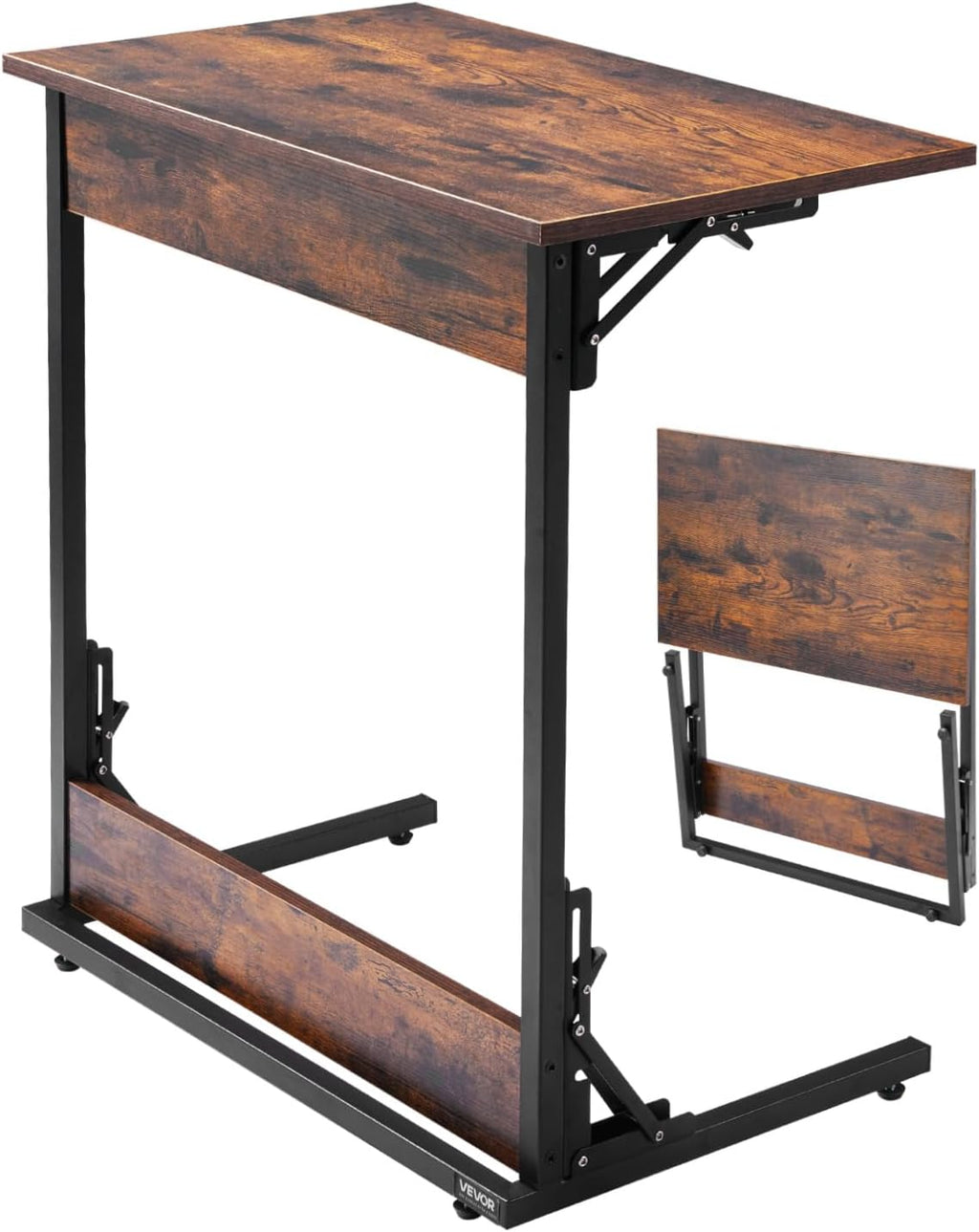 VEVOR C Table, Folding C Shaped End Table with Metal Frame & Adjustable Feet, Foldable C Shaped Side Table for Living Room Bedroom Office, 23.62 x 14.57 x 27.56 inch TV Tray, Brown and Black