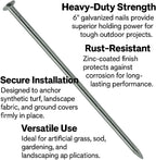 Turf Nails 6'' Galvanized - 140 Pack, Heavy-Duty Fasteners for Synthetic Grass, Landscaping, and Securing Ground Cover Stakes