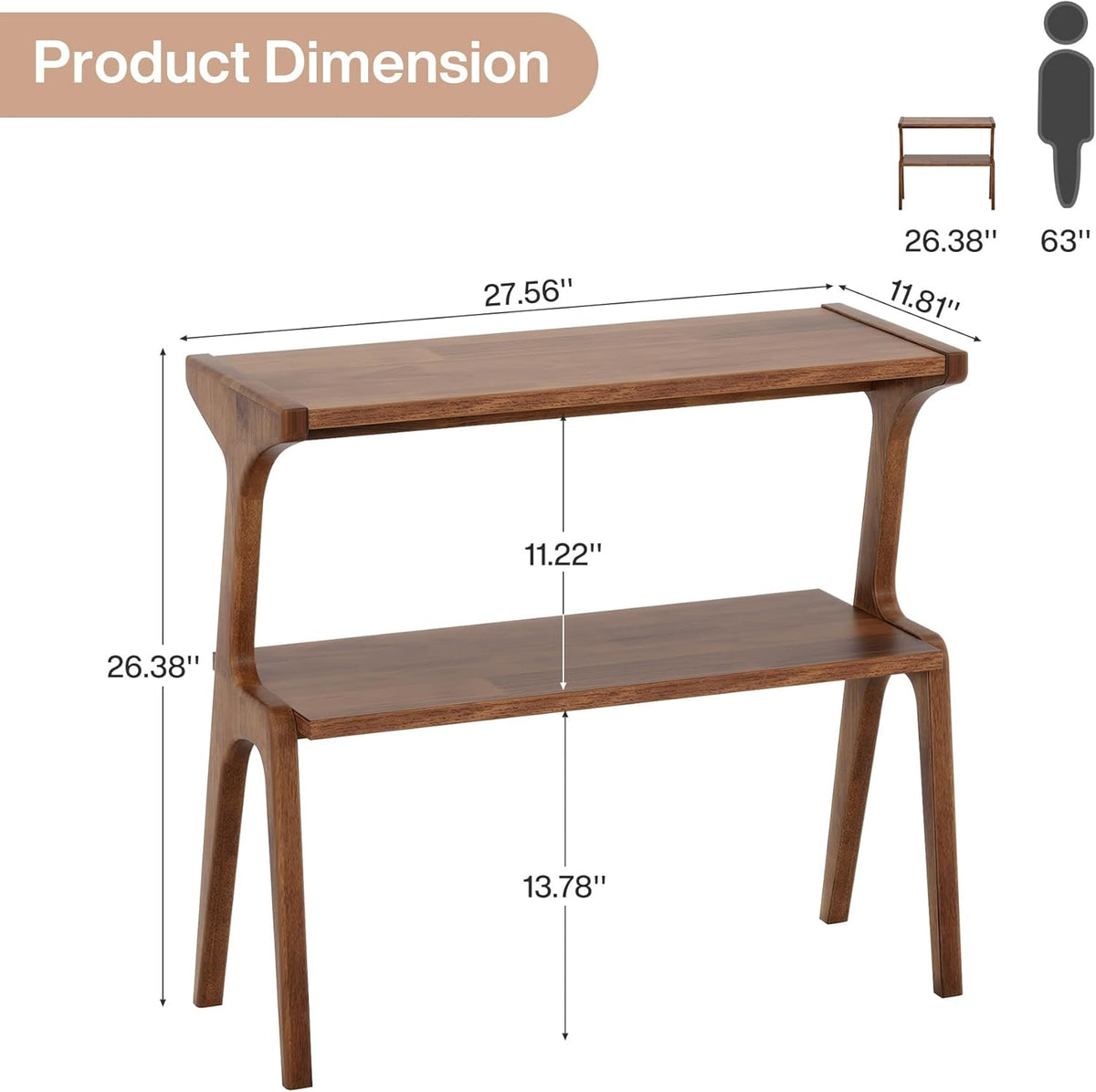 Solid Wood End Table, 2-Tier Side Table with Storage Shelf, Wooden Modern Accent Slim Bedside Table for Sofa, Living Room, Bedroom, Small Space, Easy Assembly, Rustic Brown