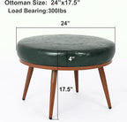 Green Round Ottoman Coffee Table, 24-Inch Faux Leather Cushioned Footstool with Solid Wood Bookshelf & Frame, Multifunctional Storage Ottoman for Living Room, Bedroom