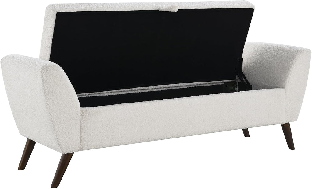 GDFStudio 60" Storage Bench with Seat & Hidden Storage, Teddy Fabric Upholstered Entryway Bedroom Bench, Solid Wood Frame, Rubber Wood Legs, Foam Cushion Seat, Cream