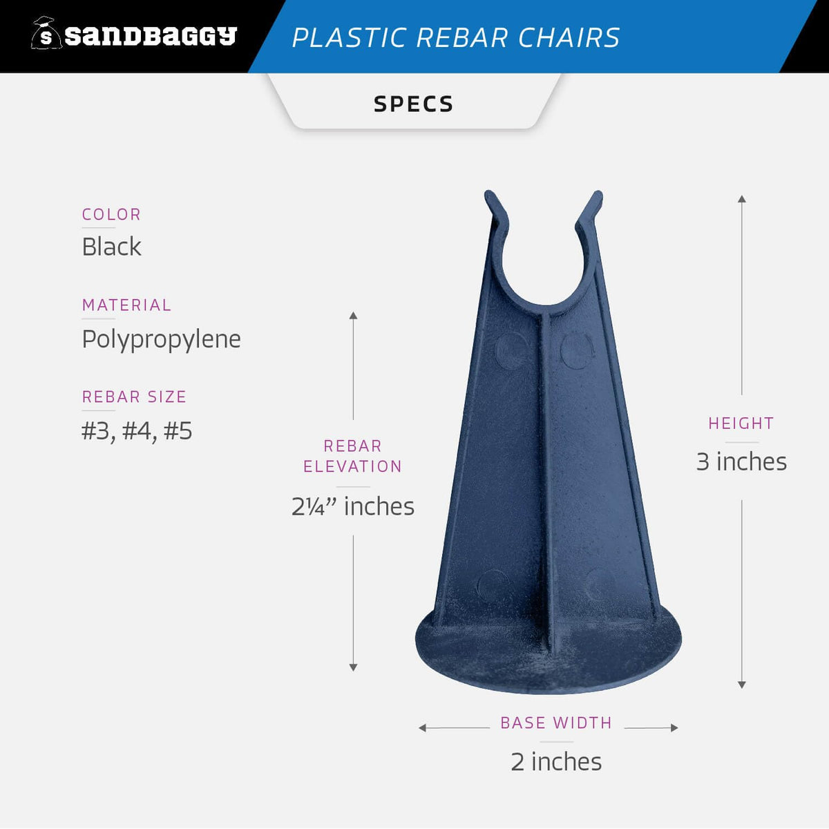 Sandbaggy Rebar Chair (Pack of 1000, 2-1/4 Inch) - Heavy Duty Plastic, Fits Rebar #3 to #5 - Preferred Choice for Concrete Contractors
