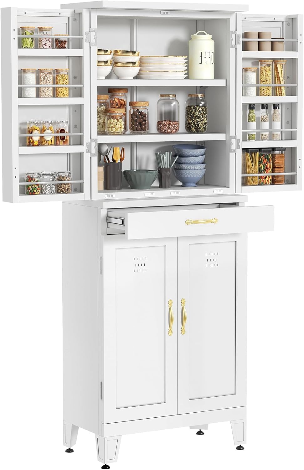 YITAHOME 71" Metal Kitchen Pantry Storage Cabinet with 4 Doors, 4 Adjustable Shelves, 1 Drawer and 8 Door Racks, Tall Freestanding Steel Cupboard for Home Kitchen Living Dining Room, White
