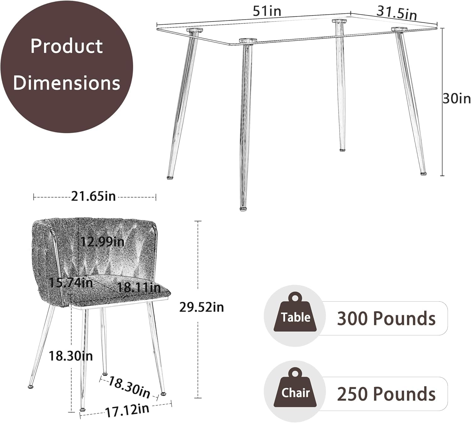 Modern Gold Glass Dining Table Set for 4, 51'' Clear Glass Top Rectangular Dinner Room Table Set, 5 PCS Luxury Kitchen Table Set, Black Woven Chair for Kitchen Apartment Living Room