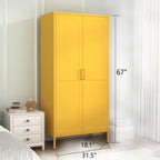 67 Inch Lockable Yellow Steel Wardrobe Storage Cabinet, Freestanding Metal Armoire Locker with Hanging Rod and Adjustable Shelves, Heavy Duty Clothing Storage Locker for Bedroom Apartment Home Use