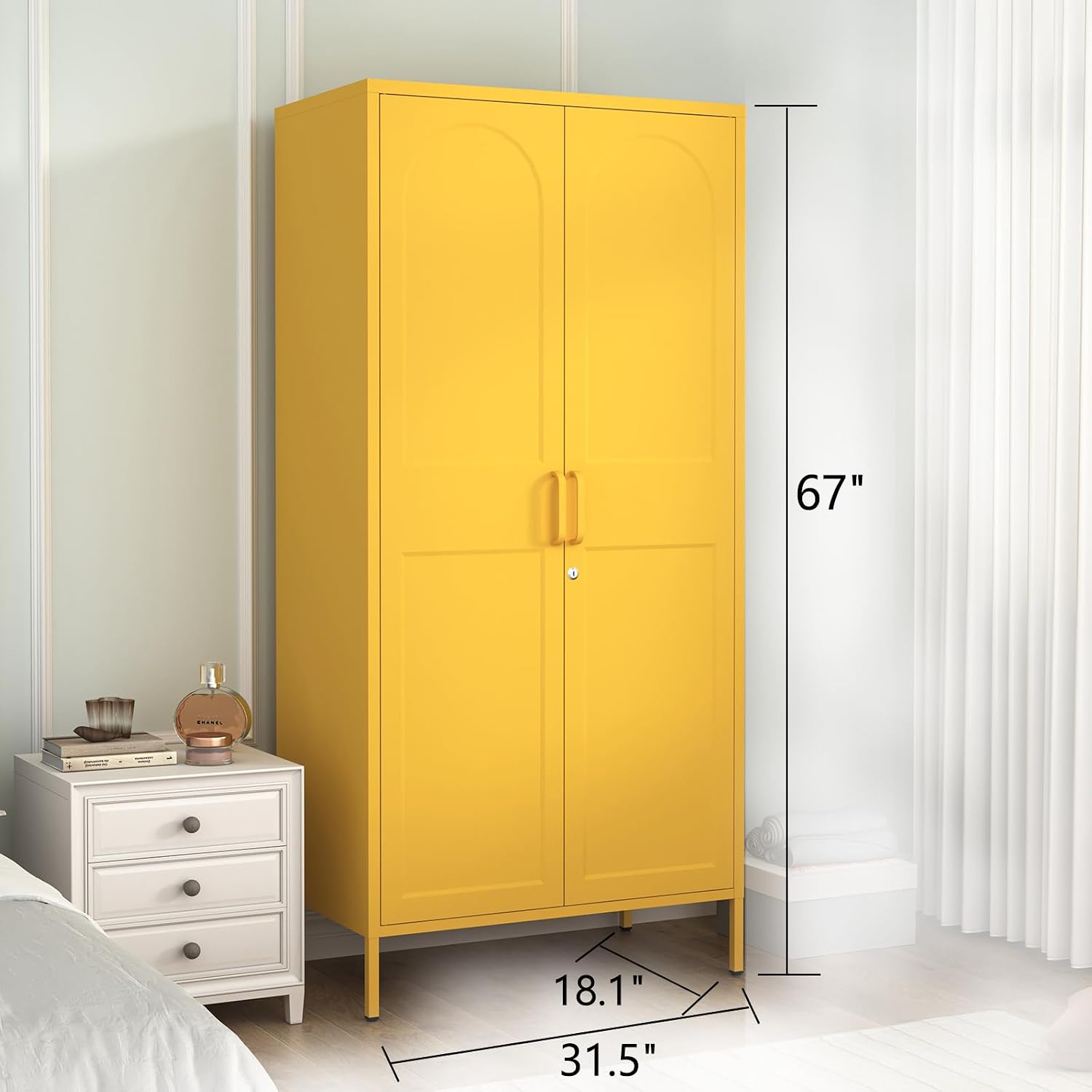 67 Inch Lockable Yellow Steel Wardrobe Storage Cabinet, Freestanding Metal Armoire Locker with Hanging Rod and Adjustable Shelves, Heavy Duty Clothing Storage Locker for Bedroom Apartment Home Use