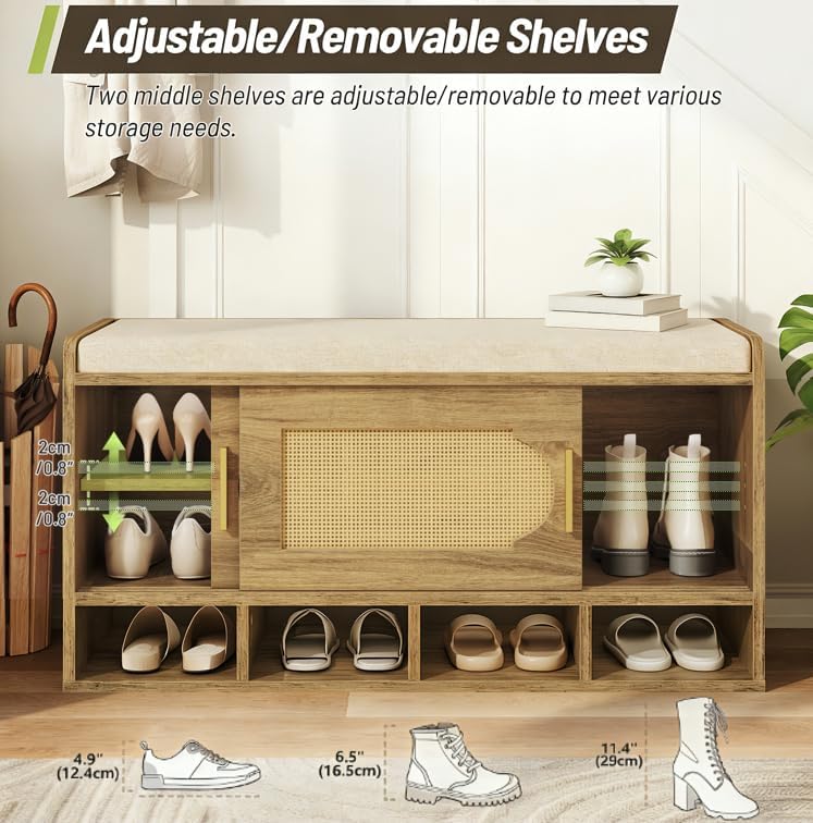 Shoe Storage Bench, 39.4" Entryway Bench with Linen Seat Cushion, 3-Tier Rattan-Style Shoe Cabinet Bench with Sliding Door, 4 Open Compartments and Adjustable Shoe Shelves, for Hallway, Natural Pecan