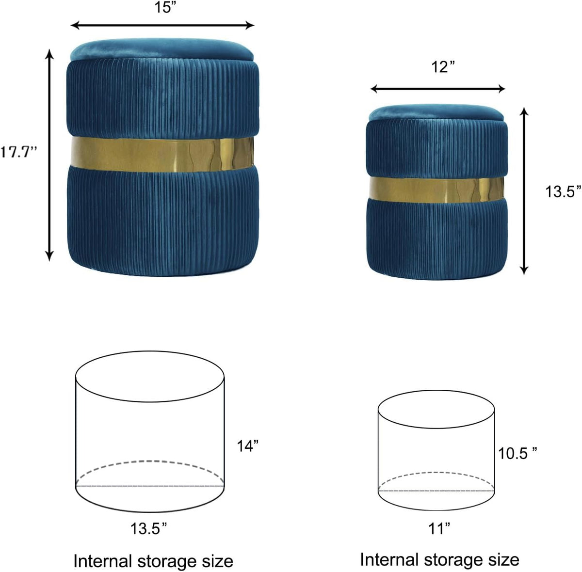 YYW HOME Blue Round Ottoman with Storage Set of 2 Vanity Stool Foot Rest with Removable Lid Blue Velvet Storage Ottoman Stool for Living Room and Dorm (Gold and Blue)