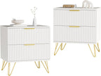 White Nightstand Set of 2, Modern Night Stand Bedside Table with 2 Storage Drawer, Bed Side End Table with Golden Handles and Legs for Bedroom, White
