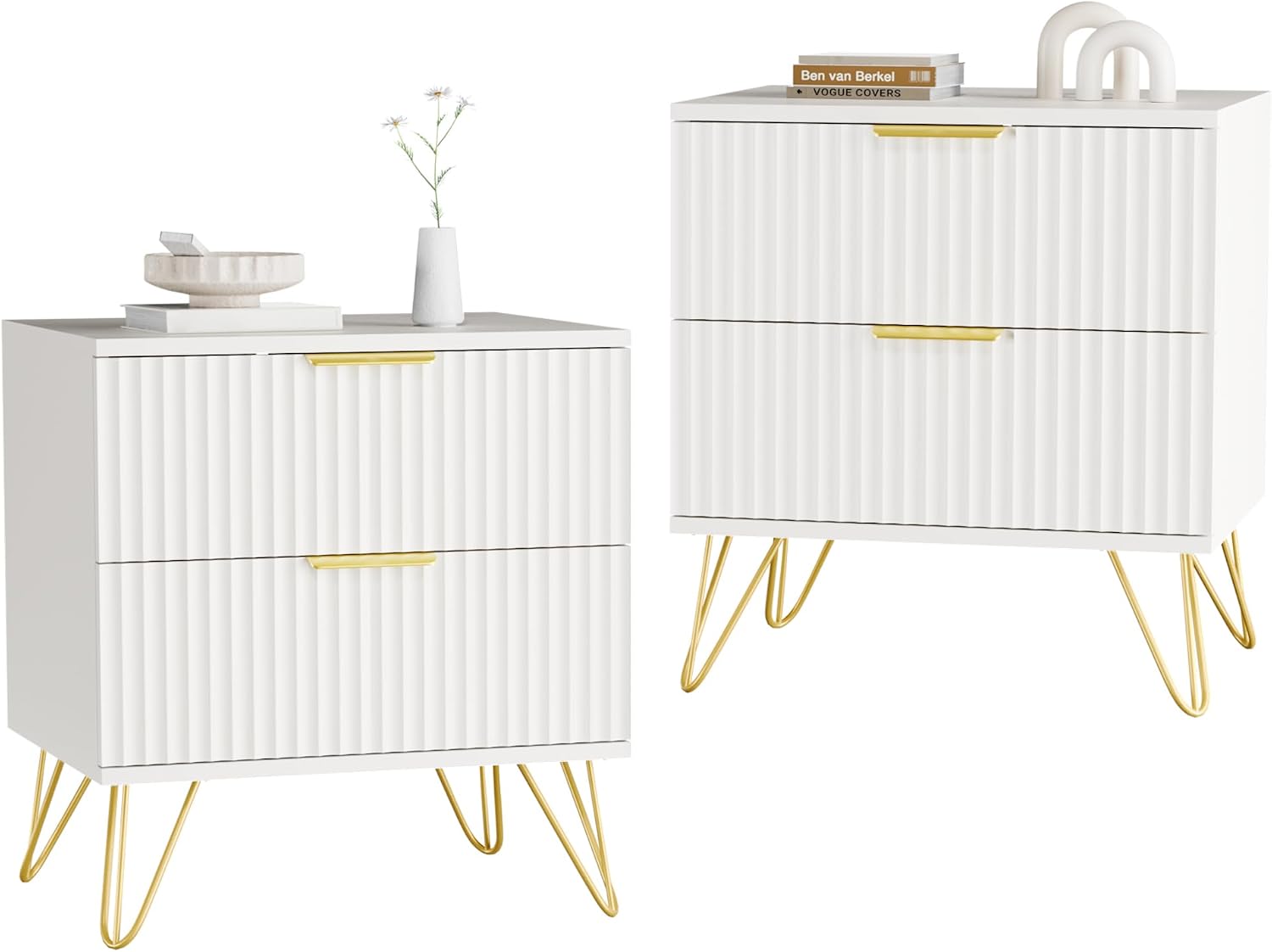 White Nightstand Set of 2, Modern Night Stand Bedside Table with 2 Storage Drawer, Bed Side End Table with Golden Handles and Legs for Bedroom, White