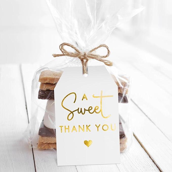 A Sweet Thank You Tags, joycraft 50Pcs Gold Thank You Gift Tags with String, 3x2 in White Kraft Paper Gift Tags, Sweet Thank You Tags for Wedding, Baby Shower, Birthday, Anniversary, Gift Wrap
