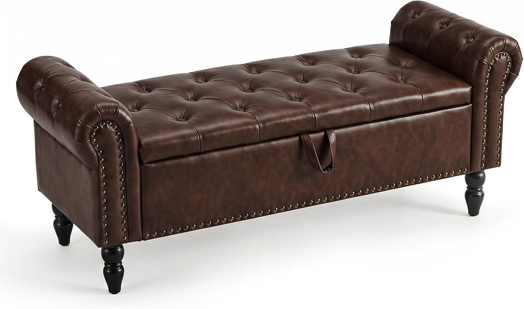 Furniliving 51” End of Bed Storage Bench, Bedroom Bench with Button-Tufted, Upholstered Storage Ottoman Benches Window Bench with Storage, Leather Bench for Living Room, Entryway, PU, BlackBrown