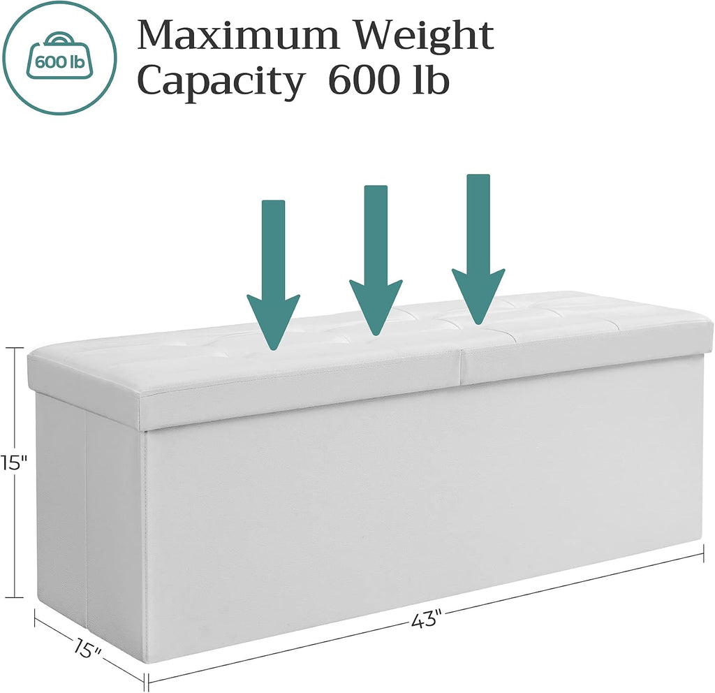 SONGMICS 43.3 Inches Folding Storage Ottoman Bench with Flipping Lid | Storage Chest Footrest Padded Seat, Iron Frame Support, Cloud White and Ink Black, MINOTA Collection ULSF75WT