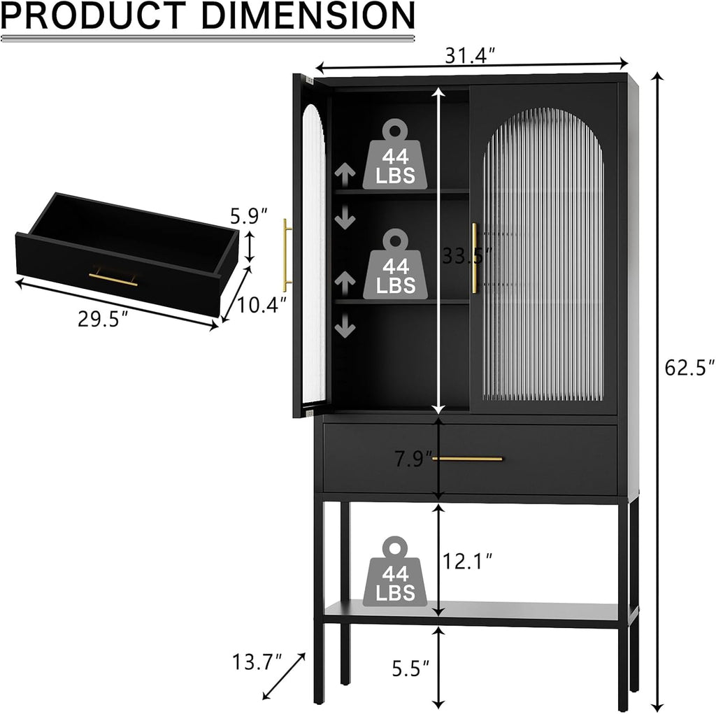 63" Tall Metal Storage Cabinet with Glass Doors, Kitchen Pantry Cabinet with Drawers & Adjustable Shelves, Freestanding Metal Cabinet for Kitchen, Dining Room and Home Organization Black