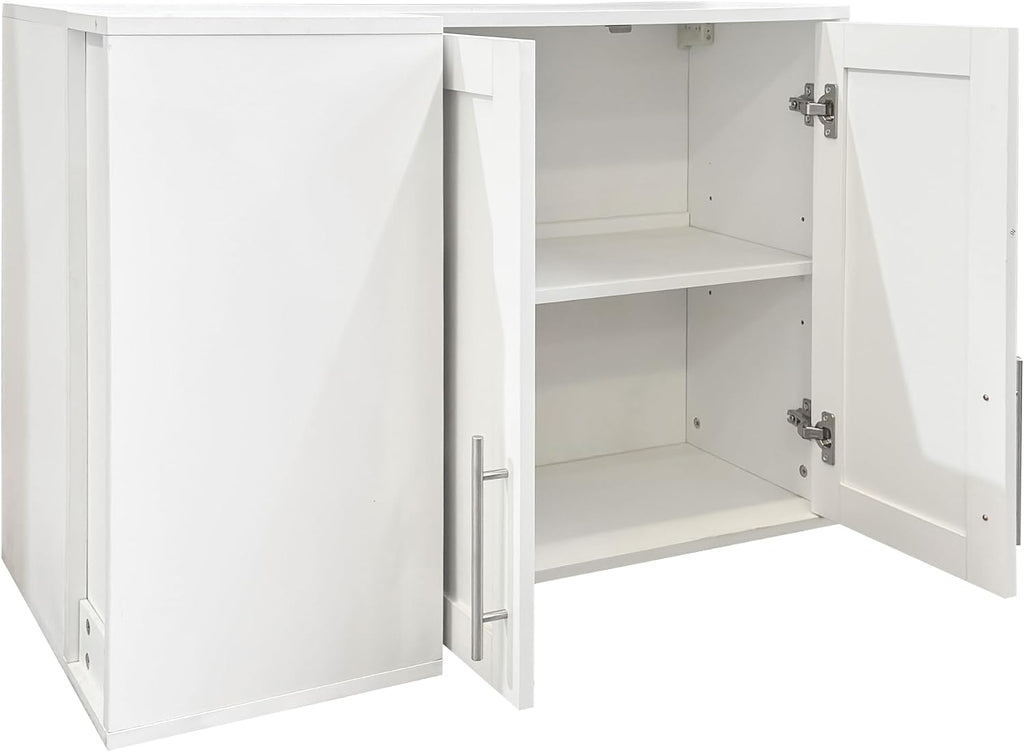 L Shape Wall Mounted Storage Cabinet, White Floating Sideboard Buffet Cabinet with 2 Doors & 3 Open Shelves, Wall Storage Organizer for Kitchen Dining Room