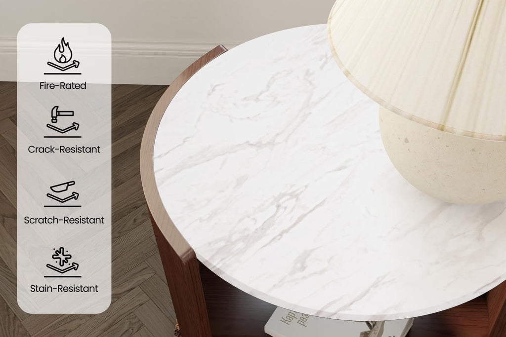 DDAYALANE Farmhouse Wooden Bedside Table for Living Room, White Faux Marble Tabletop, 25" Round Side Table Night Stand for Bedroom with 2-Tier Storage End Table, Rustic Black and White