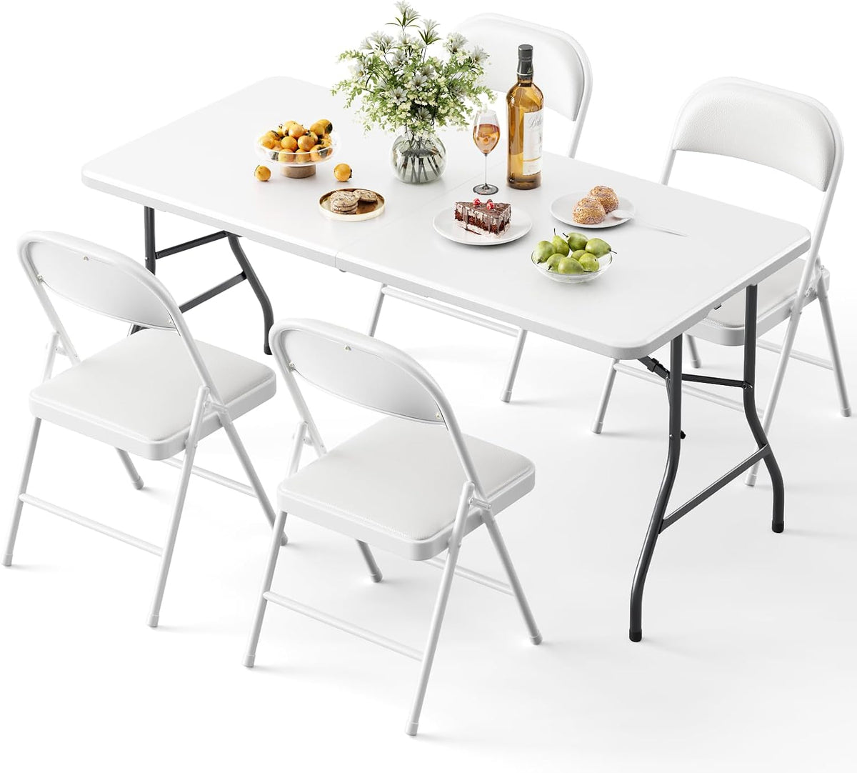 Folding Table and Chairs, 5ft Folding Table with Adjustable Height& PU Leather Padded Folding Chairs 4, Portable Table and Chairs Set for Indoor&Outdoor Party, Camping Use(White Table& White Chair)