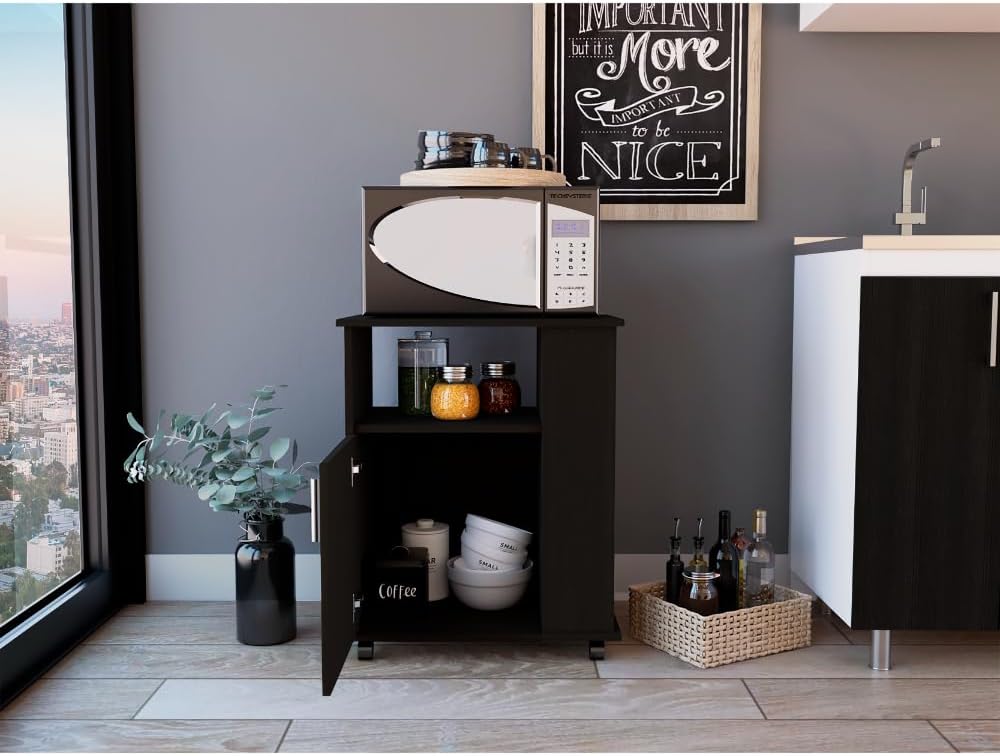 Lower Microwave Pantry 29", Single Door Cabinet, Open Shelf & Side Storage