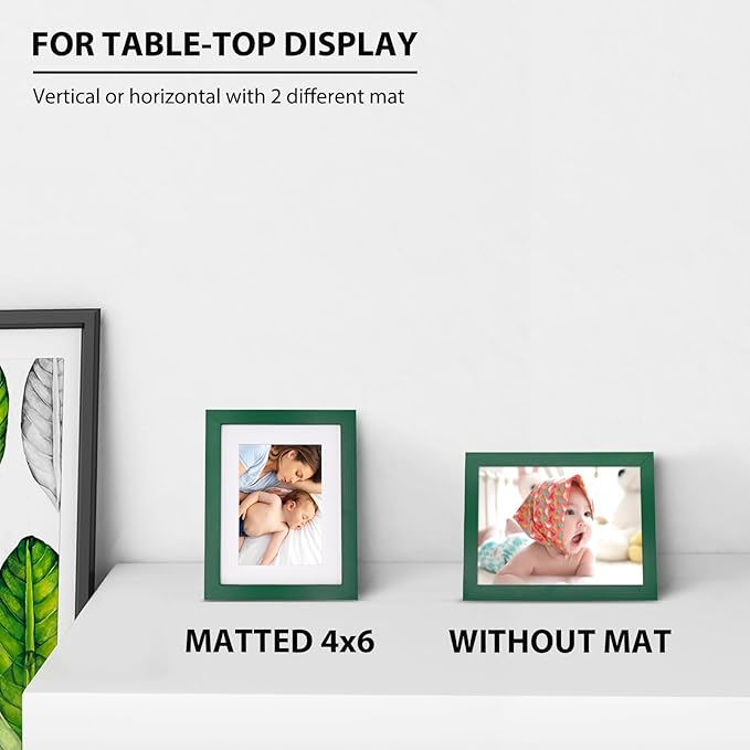 KINLINK 6x8 Picture Frame Green, Solid Wood Frames with Acrylic Plexiglass for Pictures 4x6 with Mat or 6x8 without Mat, Tabletop and Wall Display Photo Frame, Set of 4