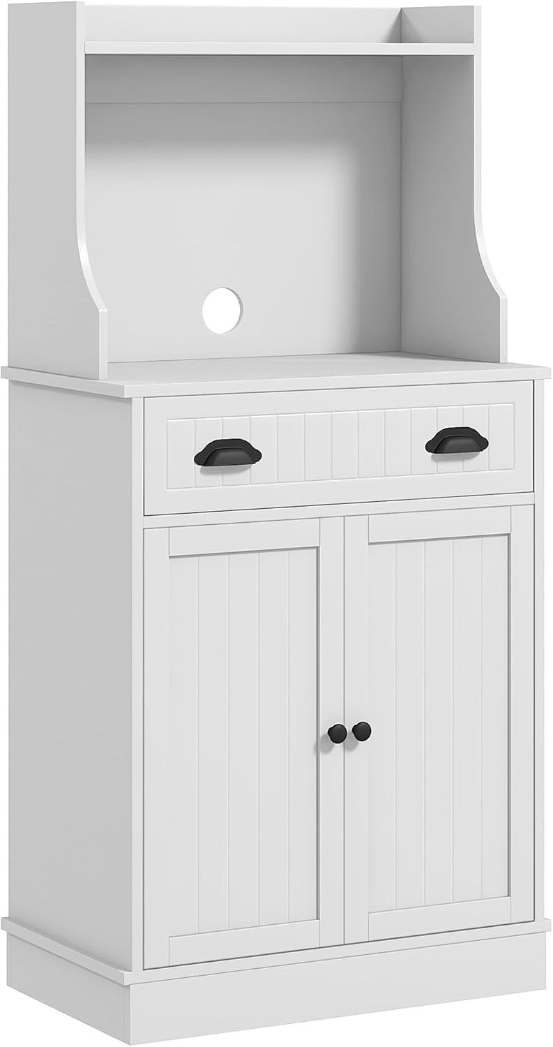 Microwave Cabinet with Storage Drawer, Double Door Cabinet and Adjustable Shelf, Buffet and Cable Hole, Storage Cabinet for Kitchen, Dining Room, Living Room, White