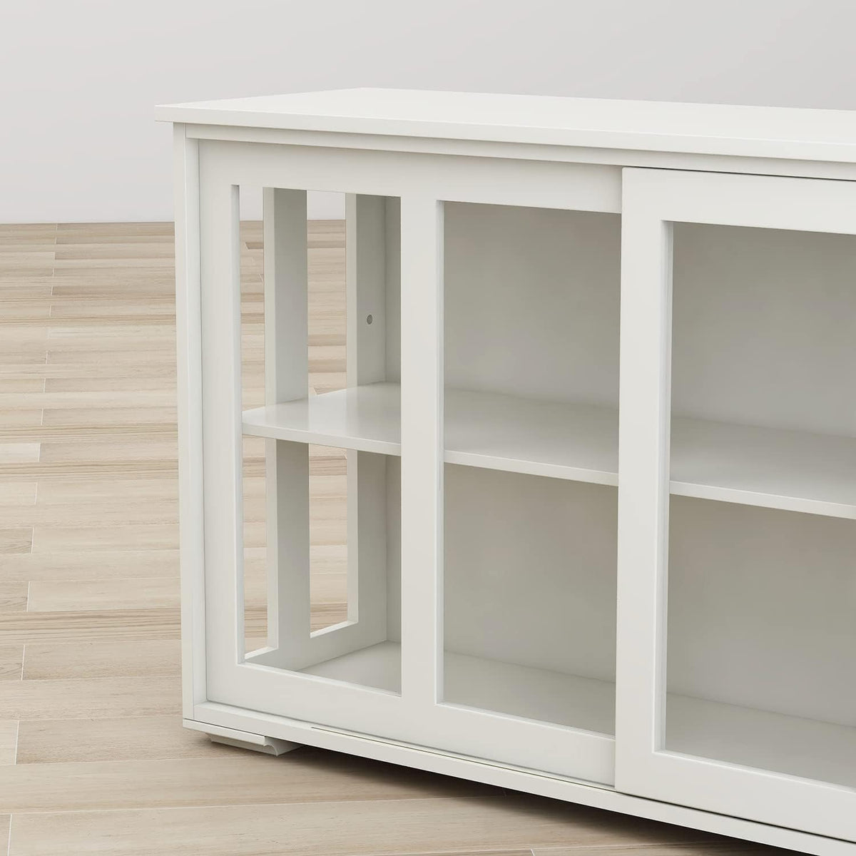 White Sideboard Buffet Cabinet with Sliding Glass Doors, Storage Credenza with Adjustable Shelves, Kitchen Pantry Cupboard Console Cabinet for Dining Room Living Room Entryway