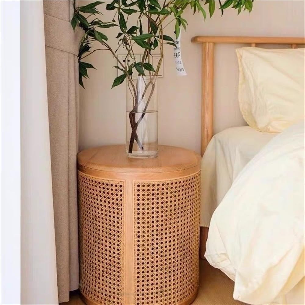 Round Wood Rattan Side Table Japanese Style Small Coffee Table with Storage Bohemian Vintage Balcony End Table for Living Room All Occasion(Natural)