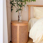 Round Wood Rattan Side Table Japanese Style Small Coffee Table with Storage Bohemian Vintage Balcony End Table for Living Room All Occasion(Natural)