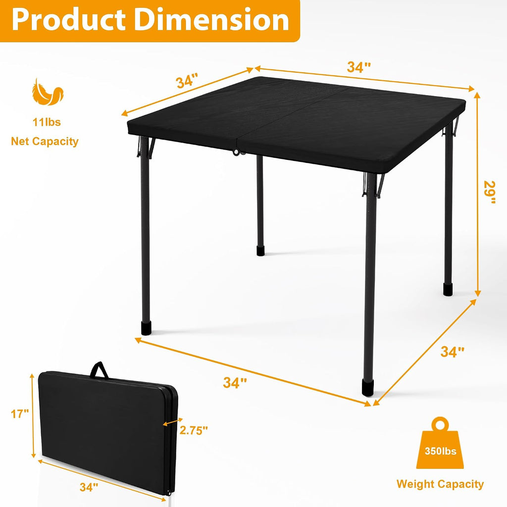 Kasunpul 34" Folding Table, Portable Square Folding Card Table with Collapsible Legs & Carrying Handle, Plastic Tables for Camping,Picnic, Office, Party, Black