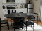 43.3''–59'' Extendable Round Dining Table for 4–8, Modern Wood Oval Kitchen Table with Storage Shelf, Space-Saving Expandable Circle Dinner Table for Dining Room or Living Room (Black)